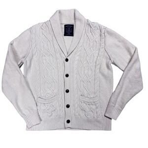 American Eagle Mens Cream CableKnit Fishermans Cardigan Size Large Preppy Cotton
